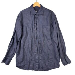 120% Lino Mens Navy Blue 100% Linen Long Sleeve Button Up Shirt Size M